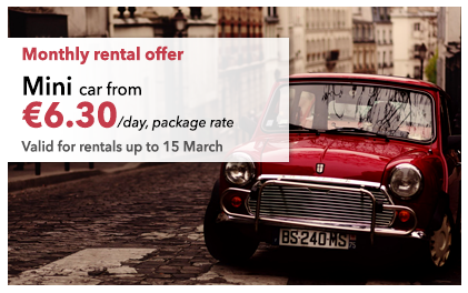 Monthly rental offer
Mini car from 6.30€ / day, package rate
Valid for rentals up to 15 March